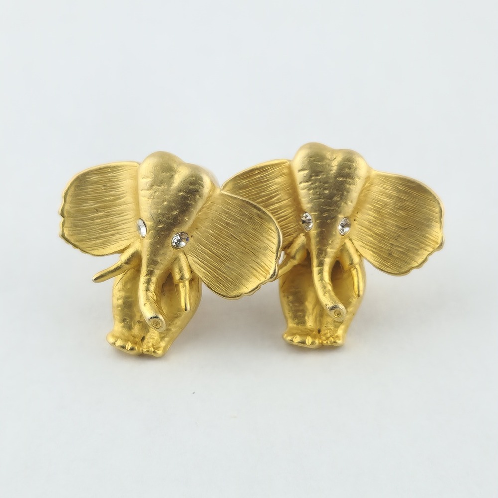 Elephant Earrings Vintage Brushed Gold Tone Rhinestone Clip Ons By Norma Jean NJ